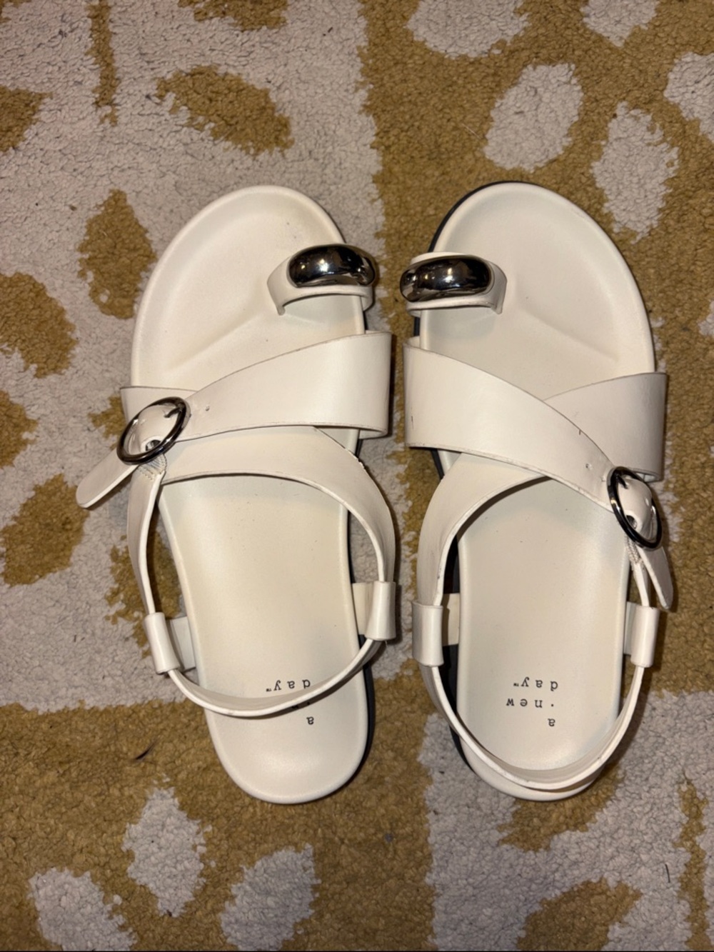 a new day White Toe-Ring Buckle Flat Sandals with Silver Accents